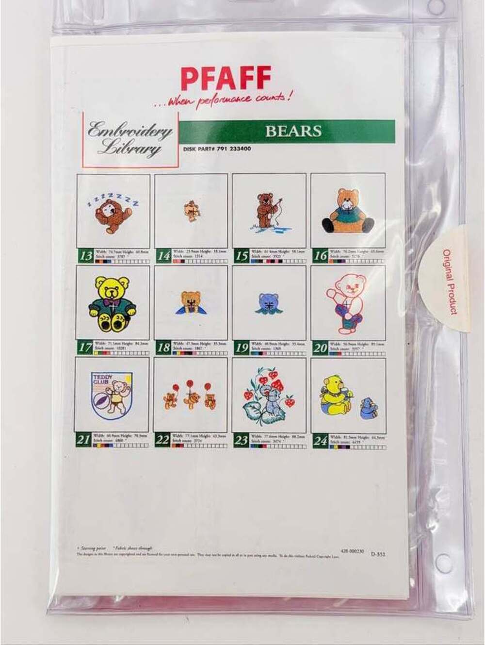 Pfaff Embroidery Library Bears Disk Part# 791 233400